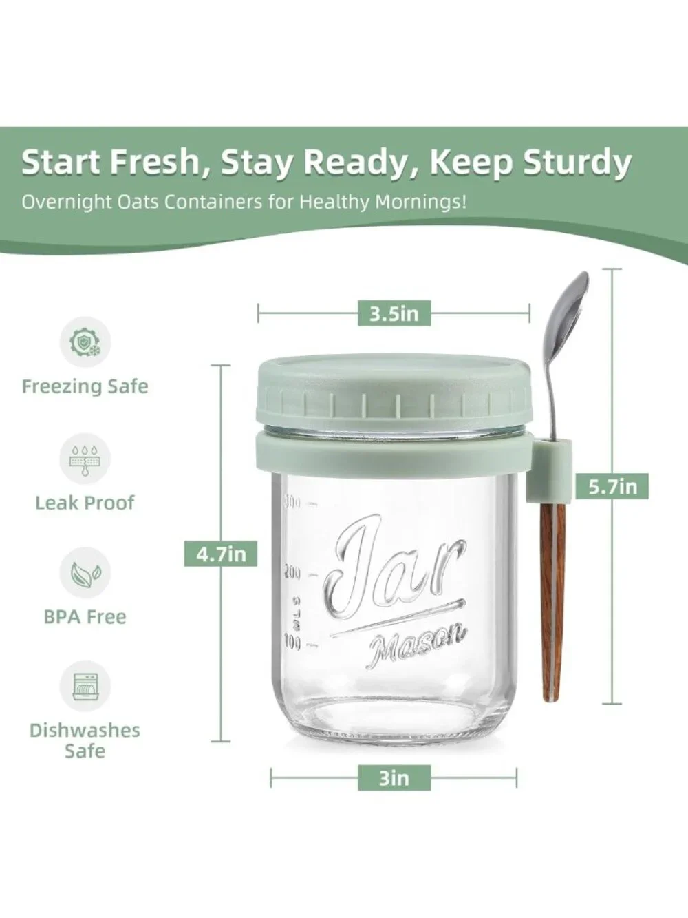 4 Pack Glass Mason Jars with Lids & Spoons - Airtight Overnight Oats Containers